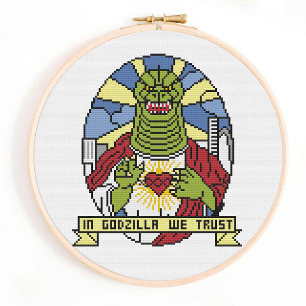 In Godzilla We Trust Cross Stitch Pattern