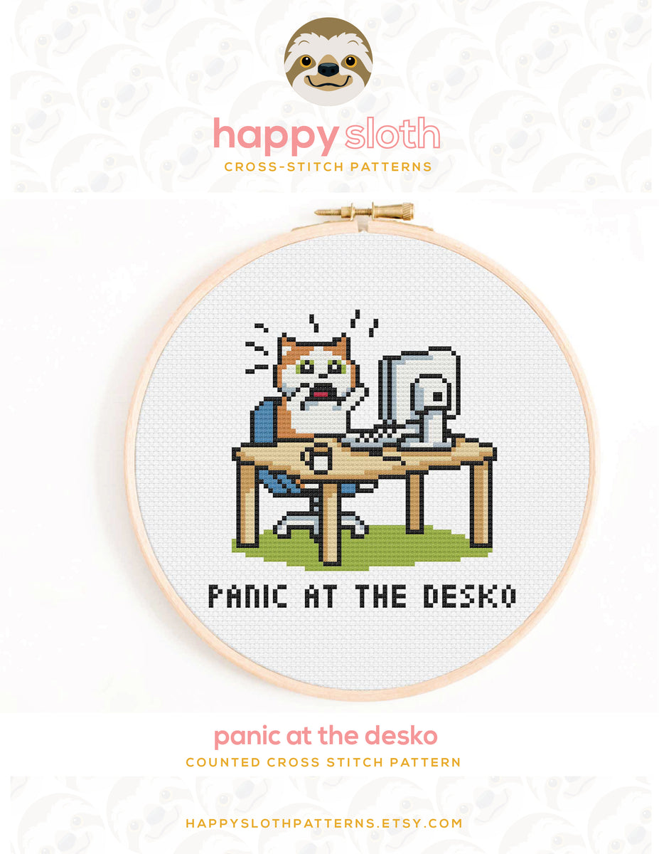 Panic at the Desko Cross Stitch Pattern – Happy Sloth Patterns